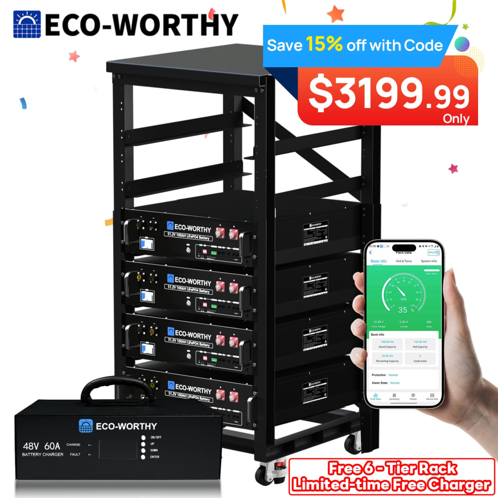 Eco-Worthy 20.48kWh 48V 100AH Server Rack LiFePO4 Lithium Battery 4-Pack for $3,200 + free shipping