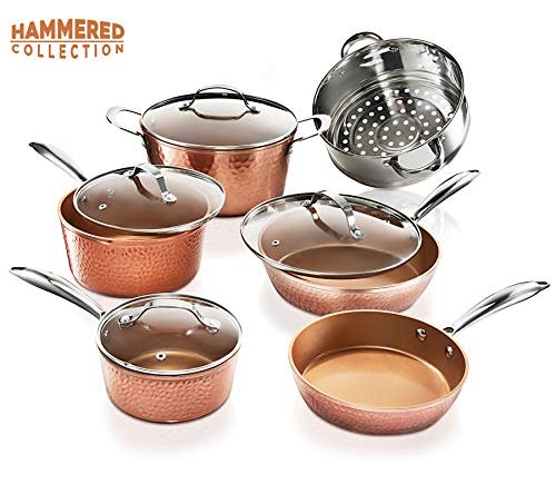 Michelangelo michelangelo copper cookware set 5 piece, ultra nonstick pots  and pans copper with ceramic interior, copper nonstick cookware