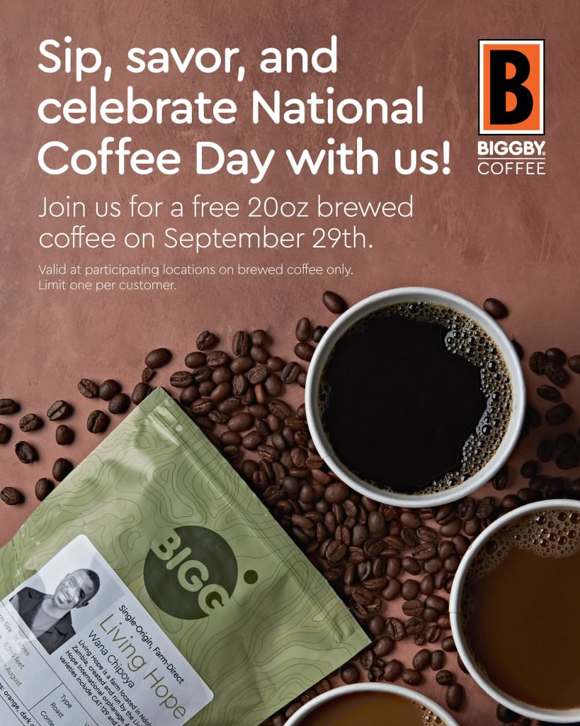 Biggby Coffee National Coffee Day Deal free 20oz. coffee