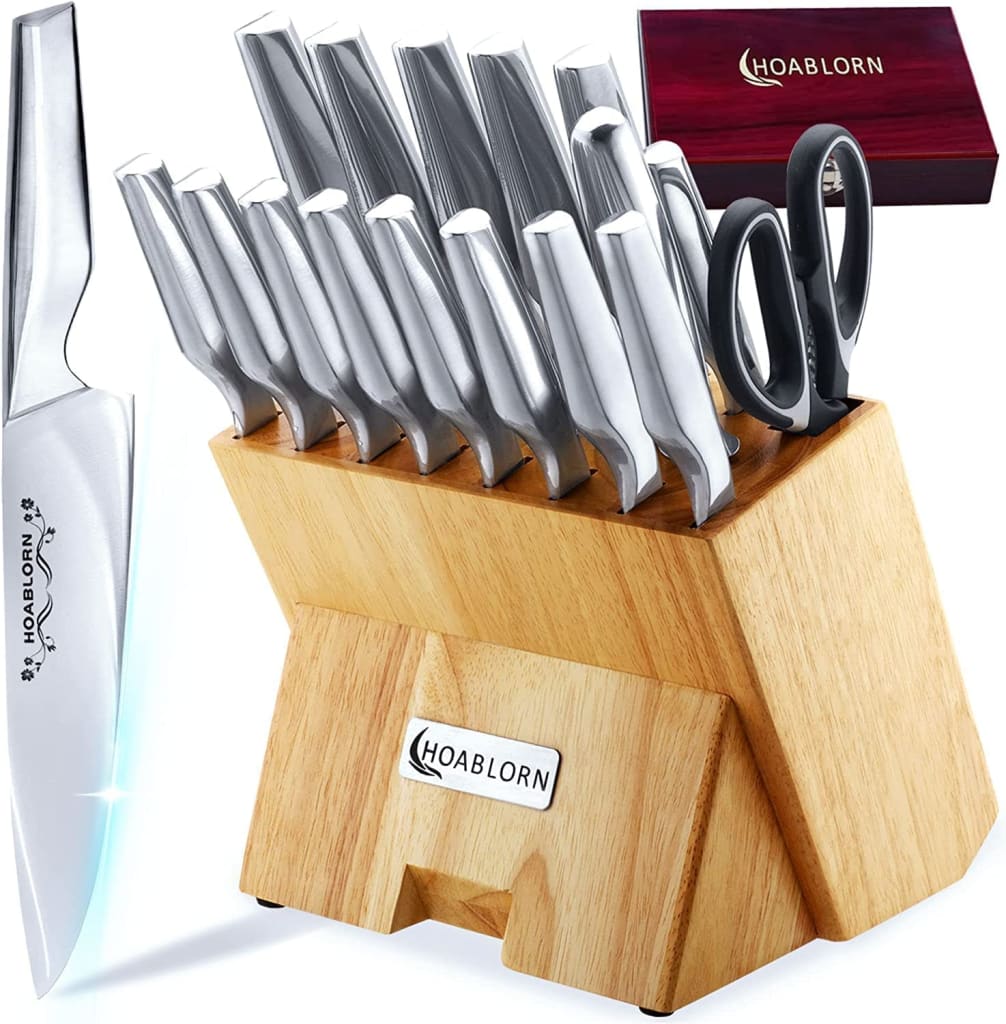 15-piece Stainless Steel Knife Set W  Block For $64 - Oak01-22pcs