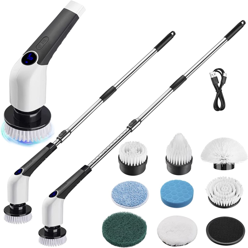 LOSUY Electric Spin Scrubber, 2023 New Cordless Cleaning Brush with 8  Replaceable Brush Heads, 2 Adjustable Speeds and 3 Extension Handle, Power