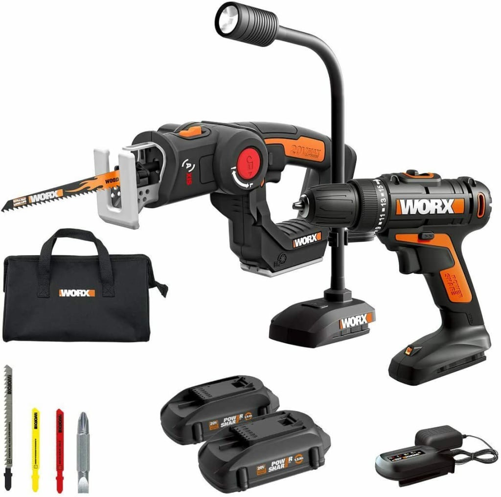 Worx 20V Cordless Drill Driver AXIS Saw 20V Flexible Light for