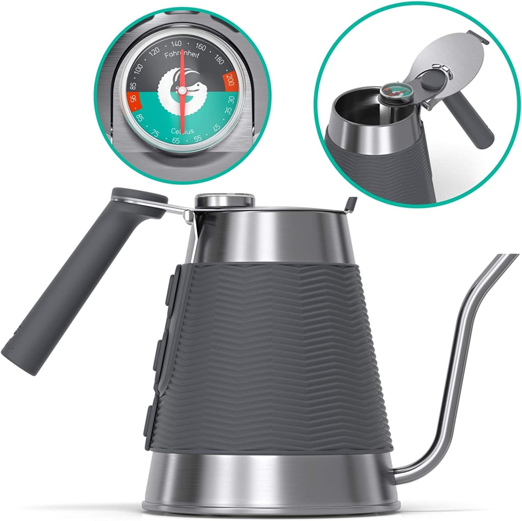 Coffee Gator Gooseneck Kettle with Thermometer - 40 oz Stainless Steel,  Stove Top 