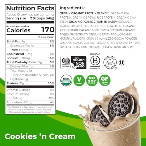 Orgain Organic Vegan Protein Powder, Cookies and Cream 21g Plant