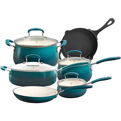The Pioneer Woman Classic Belly 10-Piece Cookware Set, OCEAN TEAL