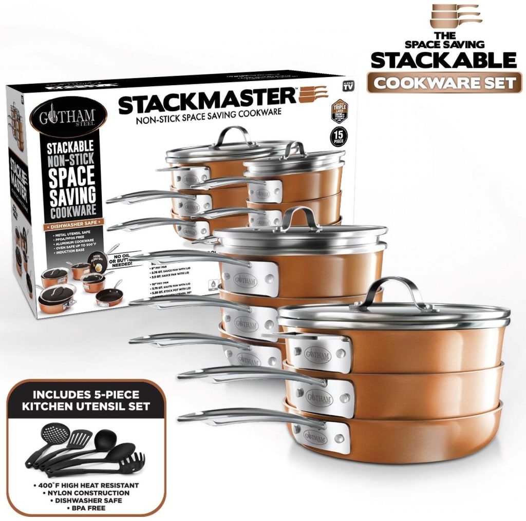 Stack Master Cookware Red Gotham Steel StackMaster 15-Piece Nonstick Space-Saving Cookware Set ...
